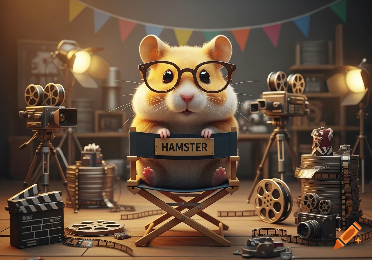 A cute, fluffy hamster with glasses sits in a director's chair on a film set, surrounded by vintage cameras and film reels.