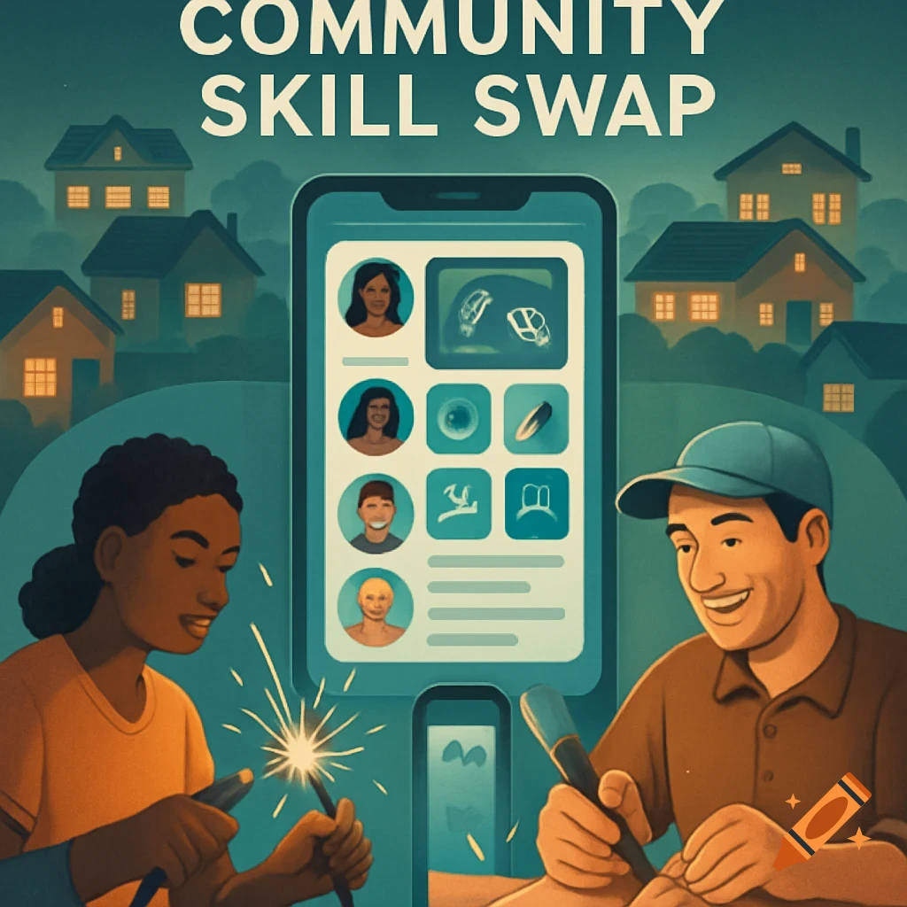Digital illustration of a man and woman using a 'Community Skill Swap' app, with a woman welding, a man drawing, and houses in the background.