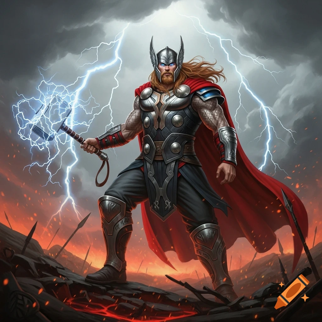 Thor, in armor and red cape, holds his lightning-charged Mjolnir on a fiery battlefield under a stormy, lightning-filled sky.