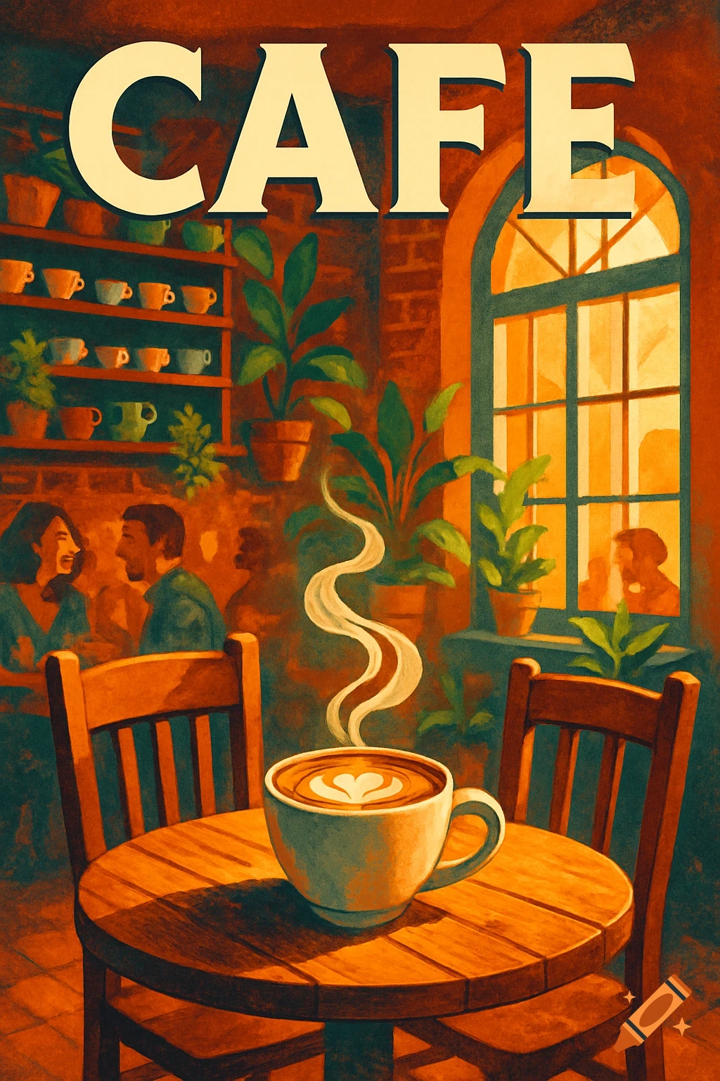 Stylized illustration of a cozy cafe interior with a steaming coffee cup on a wooden table,