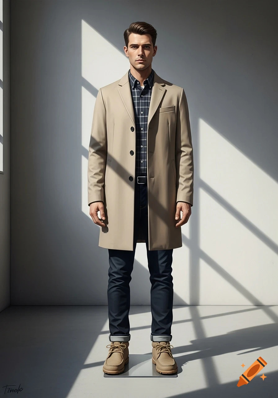 A man in a beige coat, plaid shirt, dark jeans, and tan boots stands against a light wall with strong shadows.