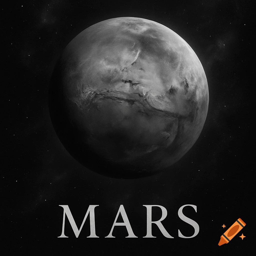 A monochromatic image of planet Mars against a starry black space background, with 'MARS' in white text below it.