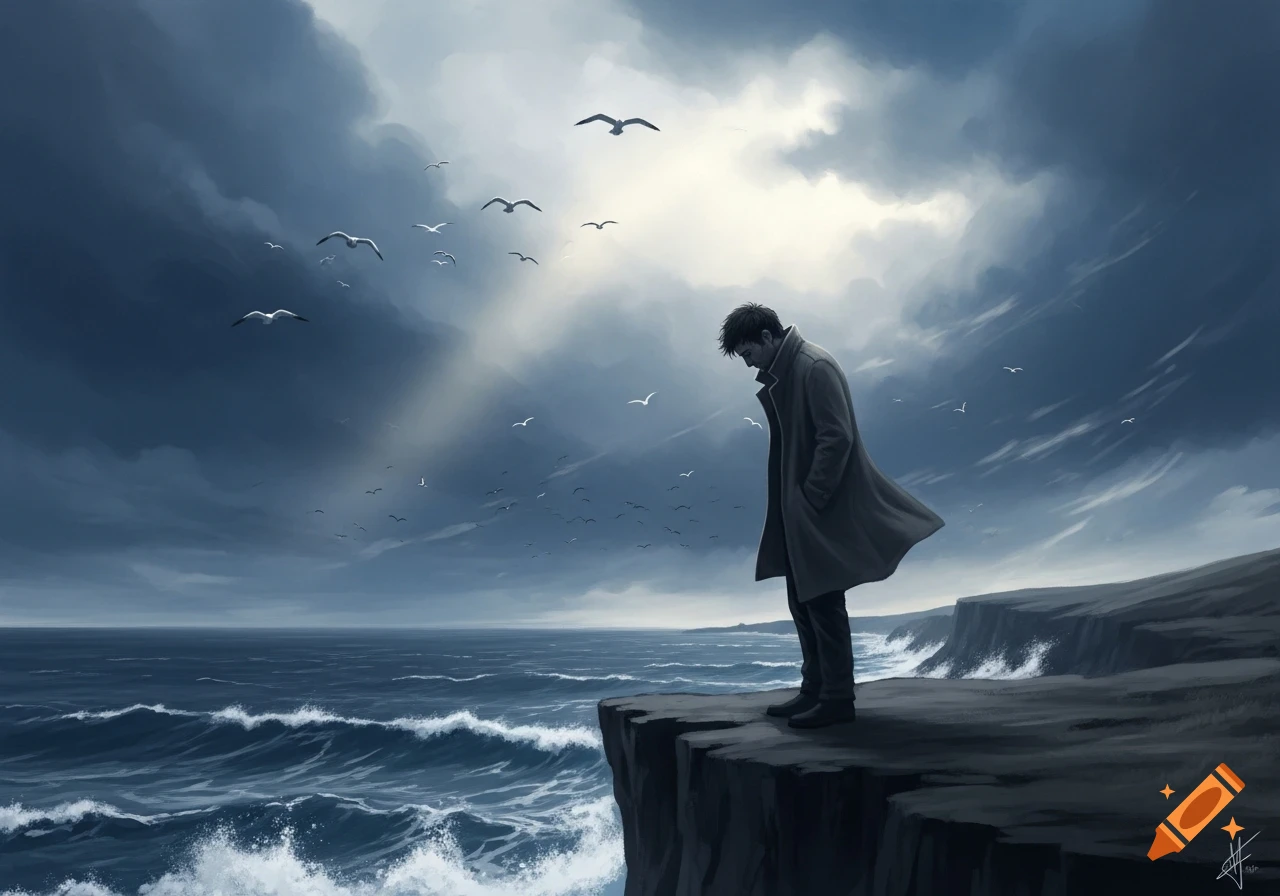 A somber man in a trench coat stands on a dark cliff overlooking a turbulent ocean under a stormy sky with birds, digital painting.