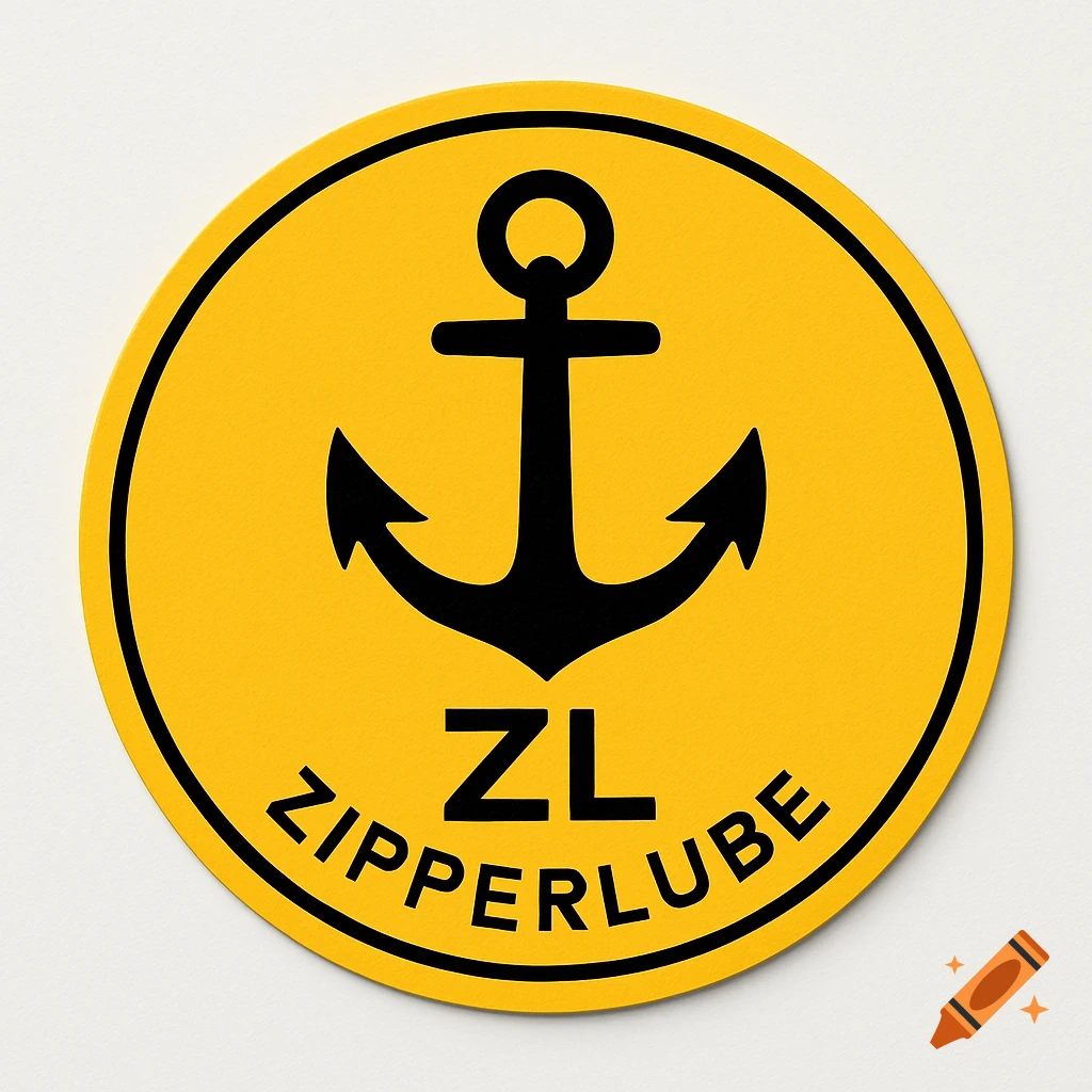 A minimalist yellow and black circular sticker with a nautical anchor logo and 'ZL ZIPPERLUBE' text.