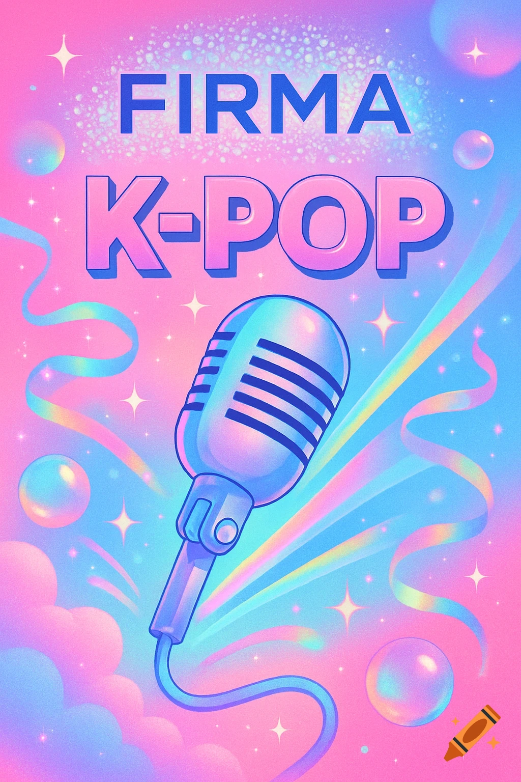 Stylized K-pop event advert with a microphone, "FIRMA K-POP" text, and colorful ribbons and bubbles on a pink and blue background.
