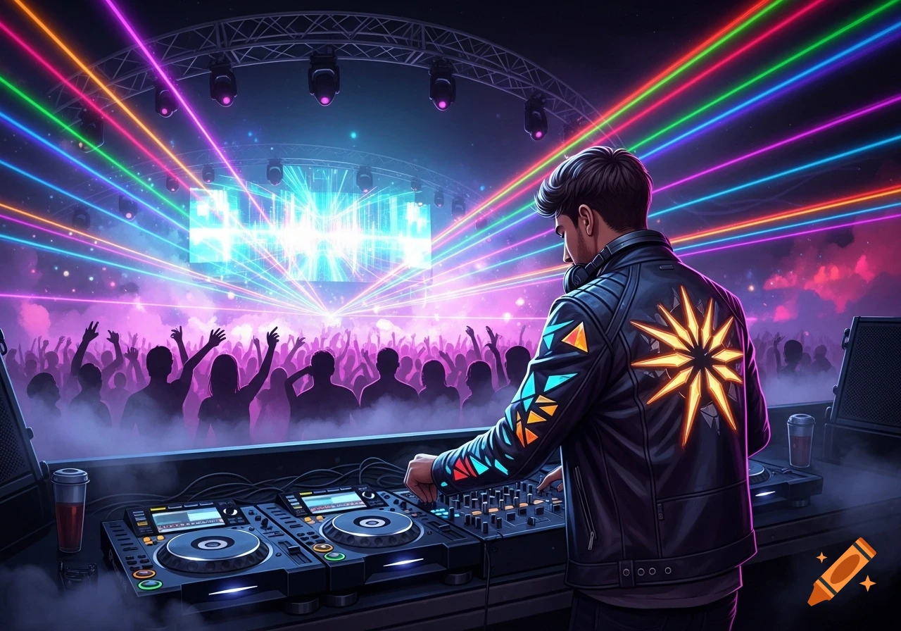 A DJ performs at a lively concert, viewed from behind, with a silhouetted crowd and colorful laser beams.