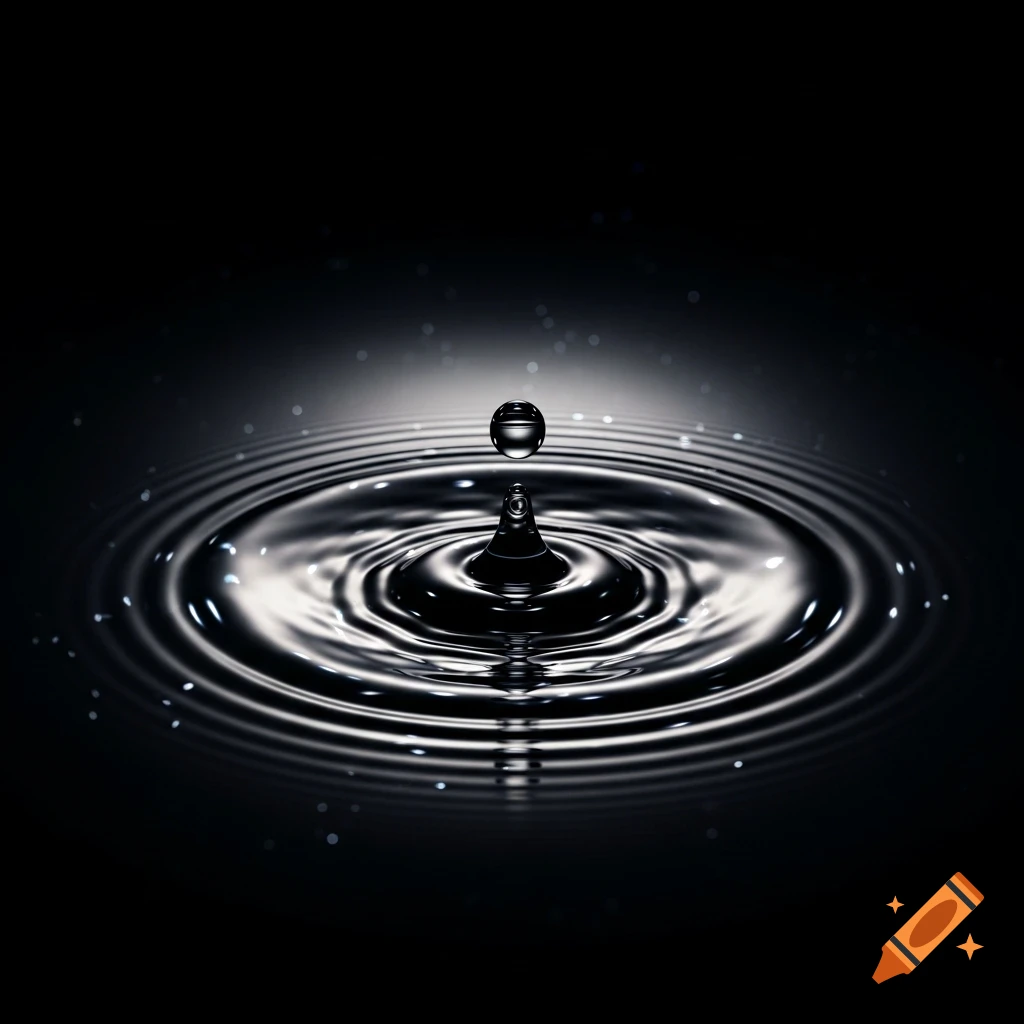 A single water droplet hits a dark, calm liquid surface, creating perfect concentric ripples and a small splash, illuminated from above.