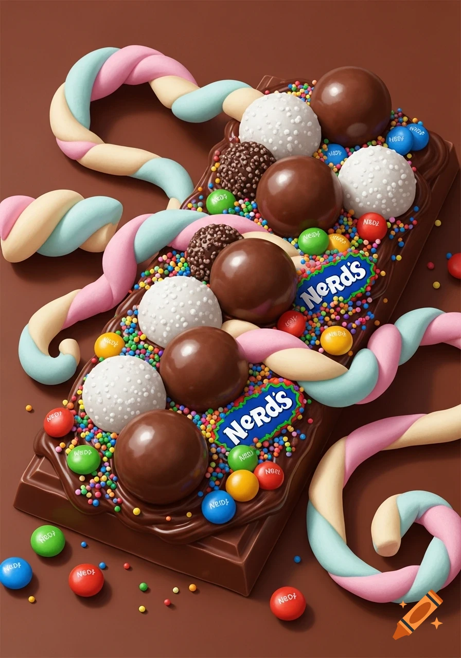 A rich milk chocolate bar topped with chocolate snowballs, various colorful candies, and twisted pink, blue, and yellow marshmallows on a brown background.
