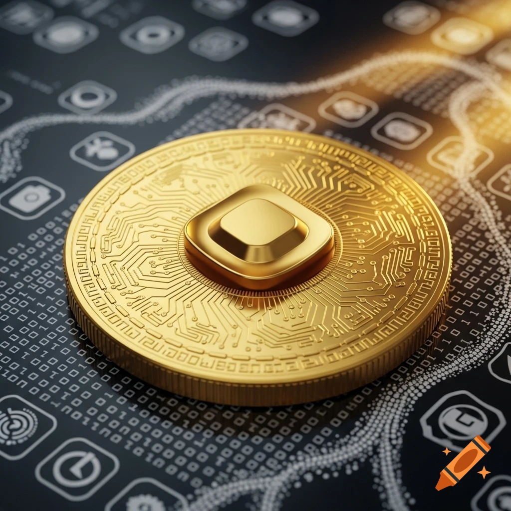 A golden crypto coin with circuit board patterns and a raised square symbol in the center, on a dark background with binary code and tech icons.