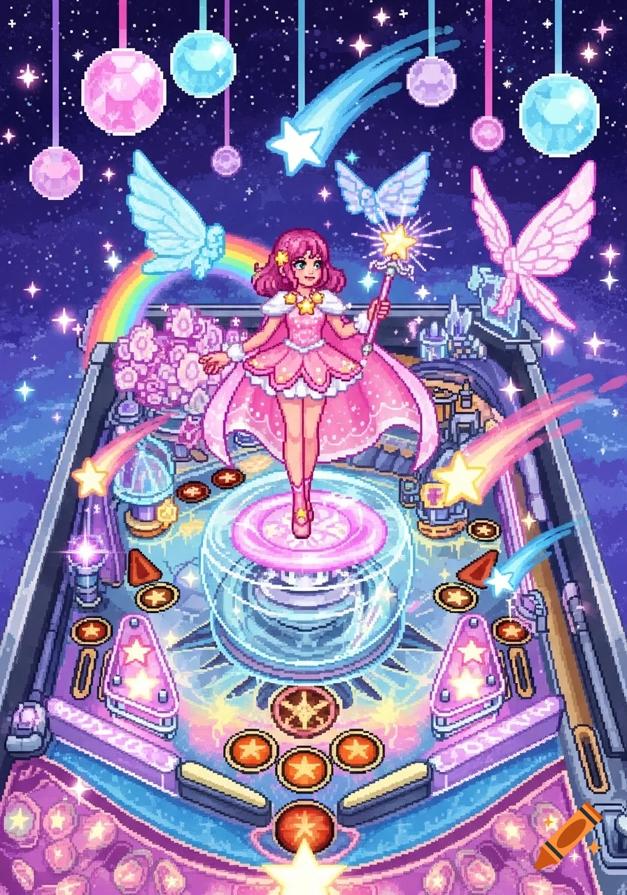 Pixel art of a magical girl with pink hair in a princess dress and cape, holding a star wand, standing on a celestial pinball machine in space.