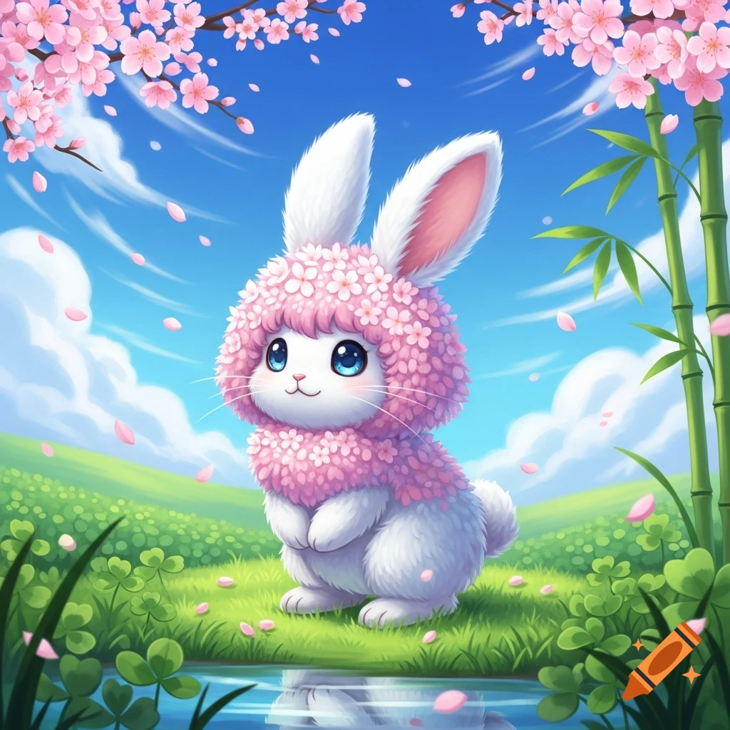 Cute white bunny in a pink floral outfit stands by a pond under cherry blossoms in a vibrant digital anime style.