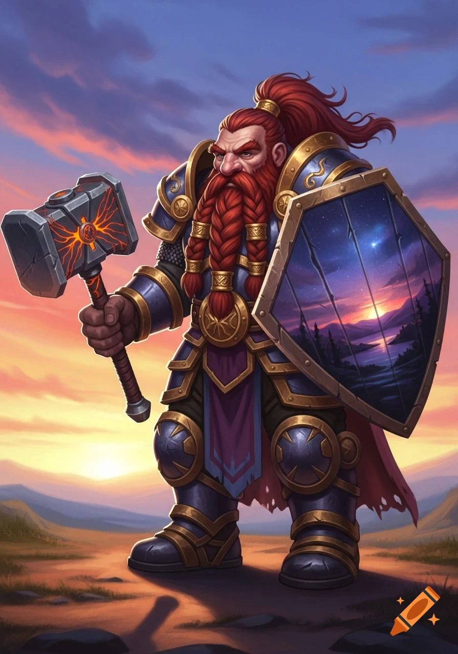A heavily armored dwarf with a red braided beard holds a warhammer with fiery runes and a shield with a twilight vista, against a sunset.