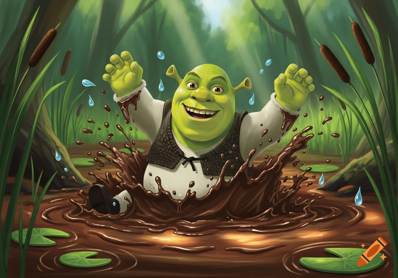 Shrek smiling and splashing in a mud puddle in a lush green swamp with lily pads and cattails, digital art.