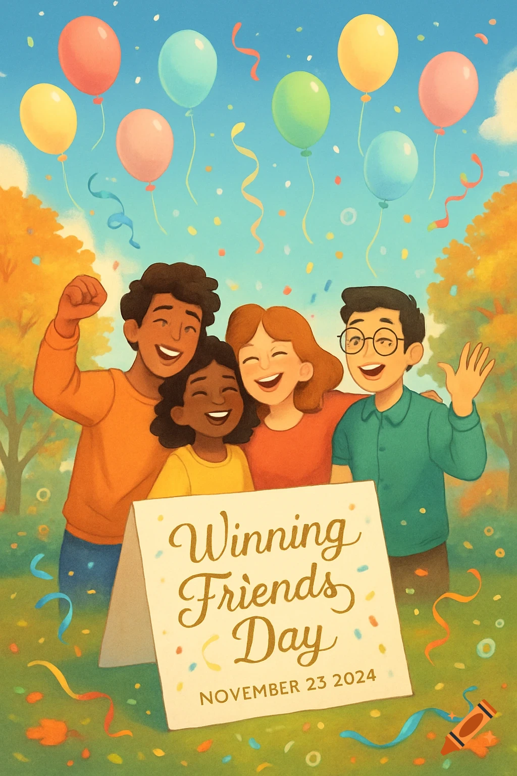 Happy friends celebrate 'Winning Friends Day November 23 2024' with balloons and confetti in a bright illustration.