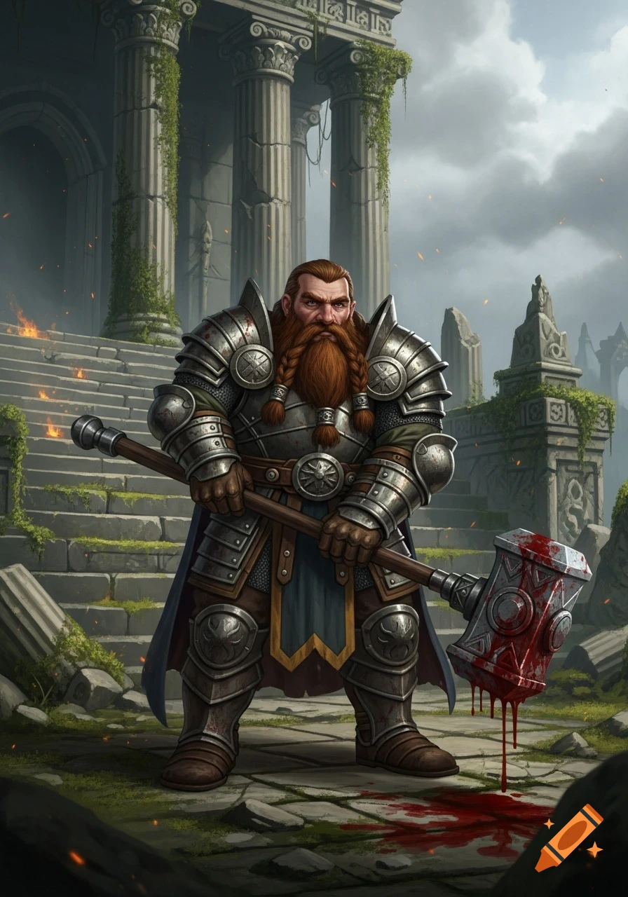 A formidable dwarf cleric in intricate armor holds a blood-stained war hammer, standing before ancient ruined columns in a fantasy setting.
