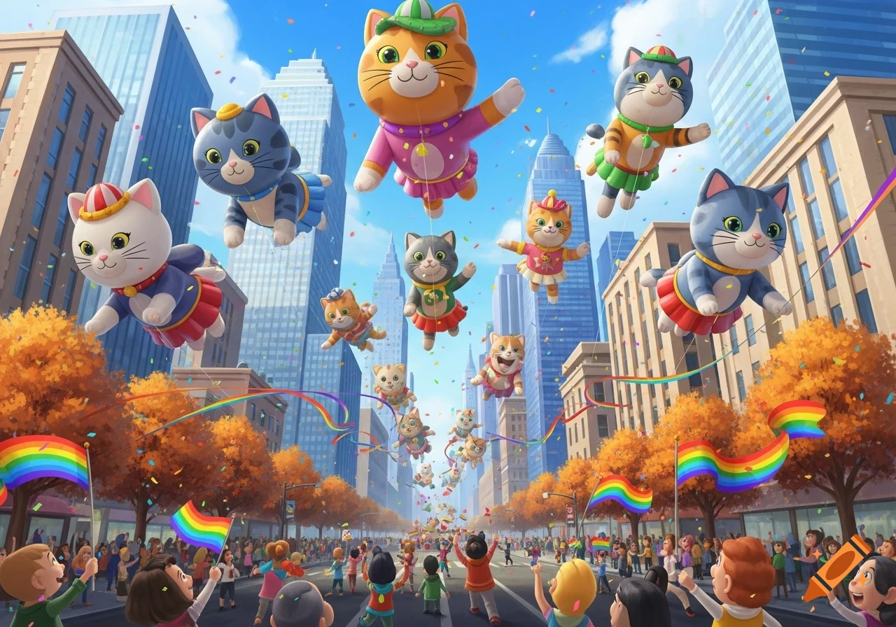 A festive cartoon parade scene featuring large cat-shaped balloons floating above a city street with cheering crowds holding rainbow flags.