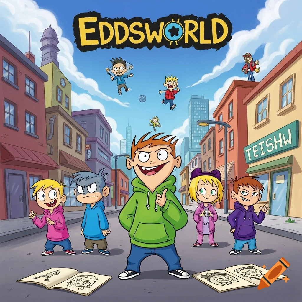 Cartoon Eddsworld characters in an urban setting. Main character in green hoodie points, surrounded by others, some flying.