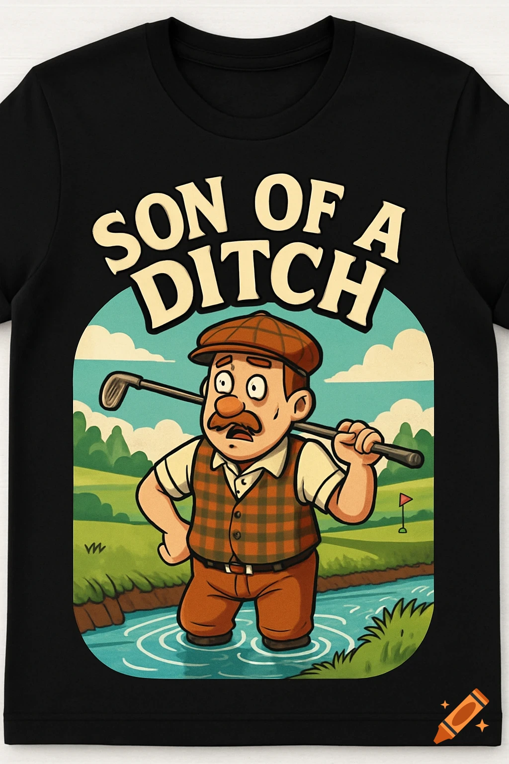 Cartoon golfer in a ditch holding a club, wearing a plaid vest, with "SON OF A DITCH" on his t-shirt.