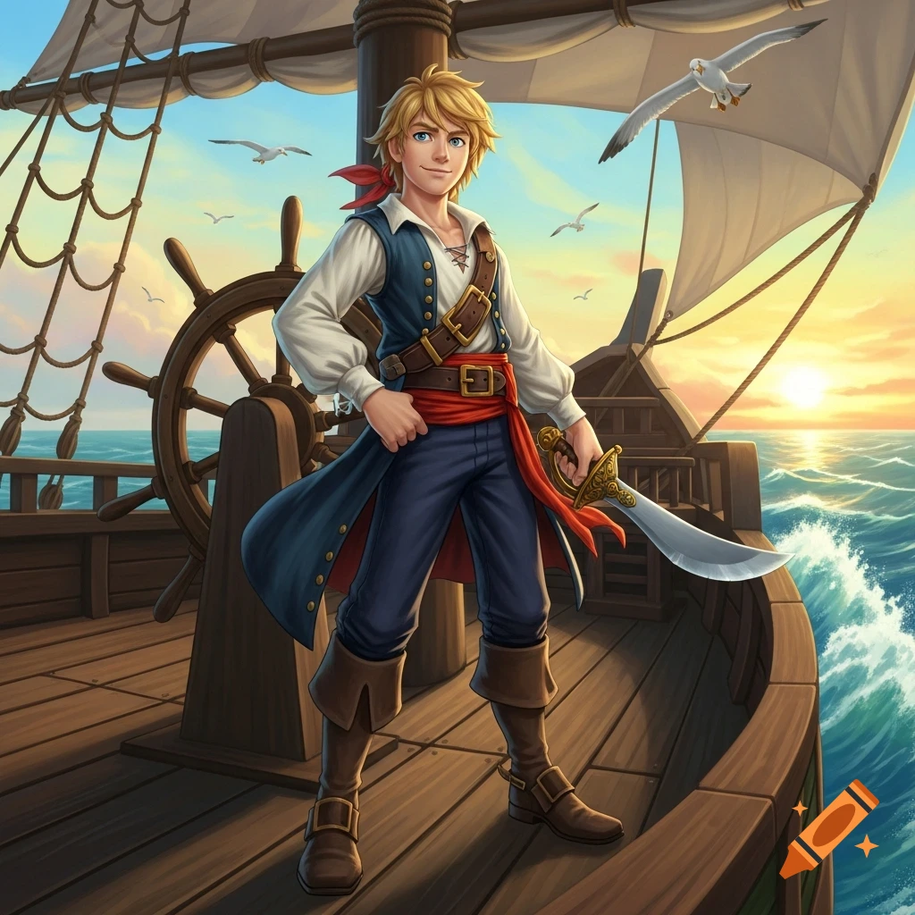 A blonde pirate boy with a sword stands on a ship's deck at sunset with seagulls flying, illustration.