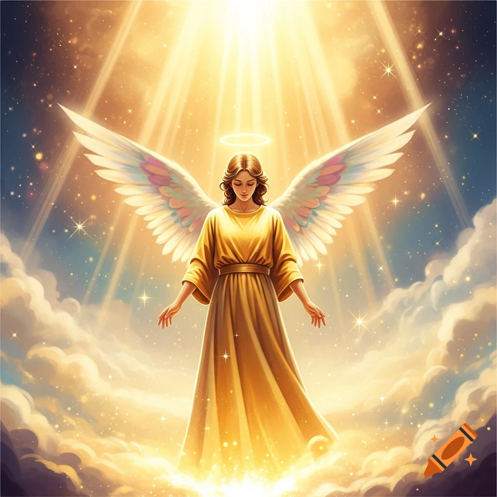 A serene angel with long brown hair, white feathered wings, and a golden robe stands amidst glowing clouds and rays of light.