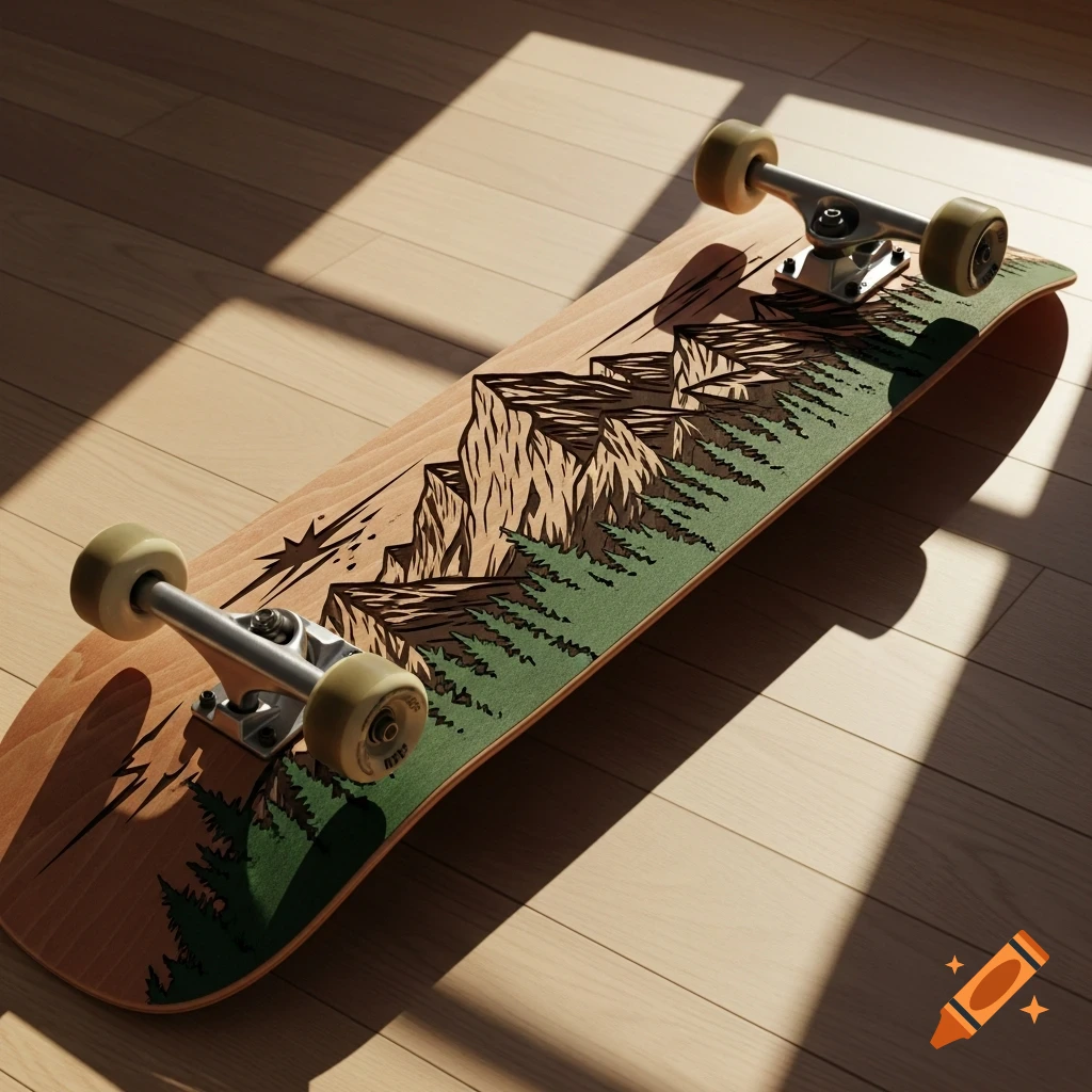 A wooden skateboard with a grip tape design featuring a layered mountain range and evergreen trees, bathed in sunlight on a wood floor.
