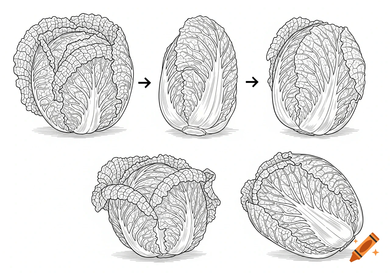 Black and white line art illustration showing five napa cabbages from different angles, with arrows indicating a sequence.