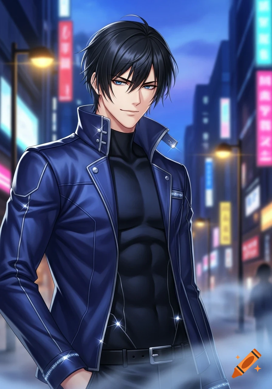 An anime-style man with black hair and blue eyes, wearing a blue jacket and black turtleneck, stands in a blurred city street at night.