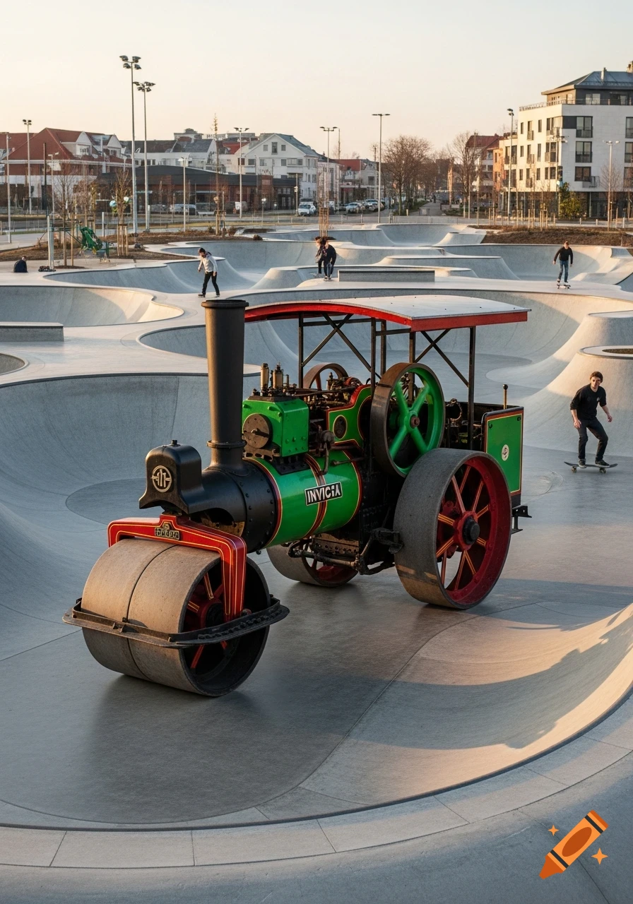 A vintage green and red Invicta steam roller sits in a modern concrete skatepark with people skateboarding in the background.