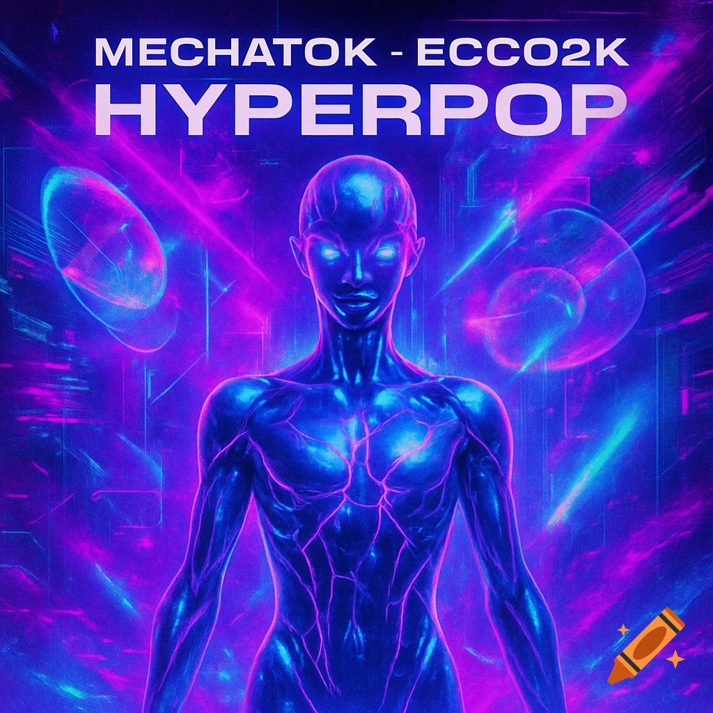 A glowing blue figure with neon pink lines stands against a purple and blue futuristic background, with 'MECHATOK - ECCO2K HYPERPOP' text.