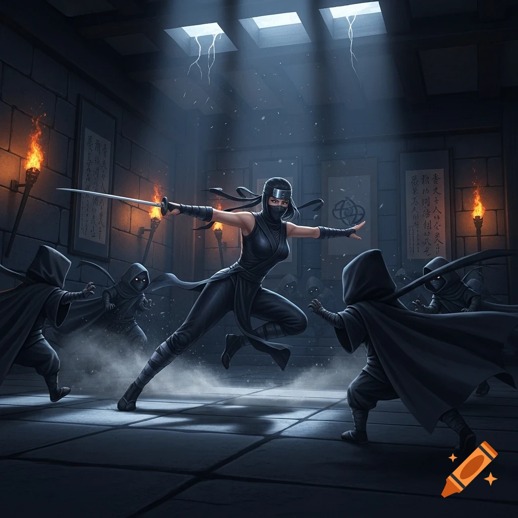 A female ninja with a sword battles several hooded figures in a dark, torchlit dungeon with skylights.