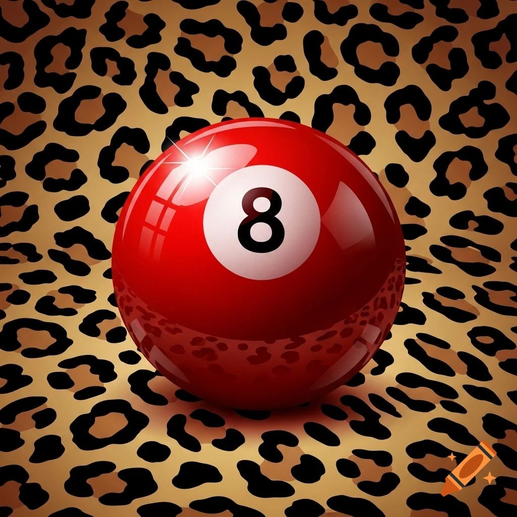 A glossy red eight-ball with the number 8 prominently displayed, resting on a brown and black leopard print background.