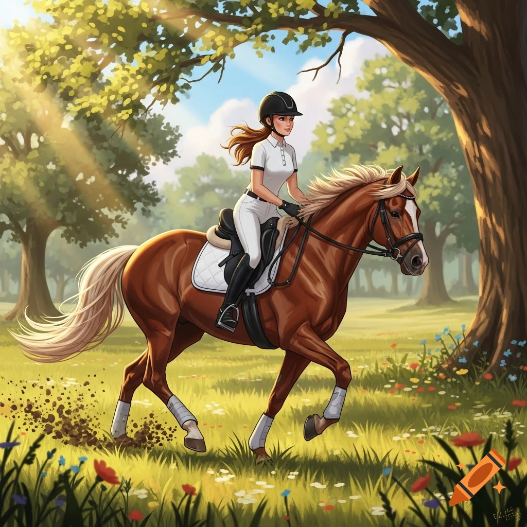 An illustrated image of a woman in riding gear galloping on a brown horse through a sunny forest meadow filled with wildflowers.