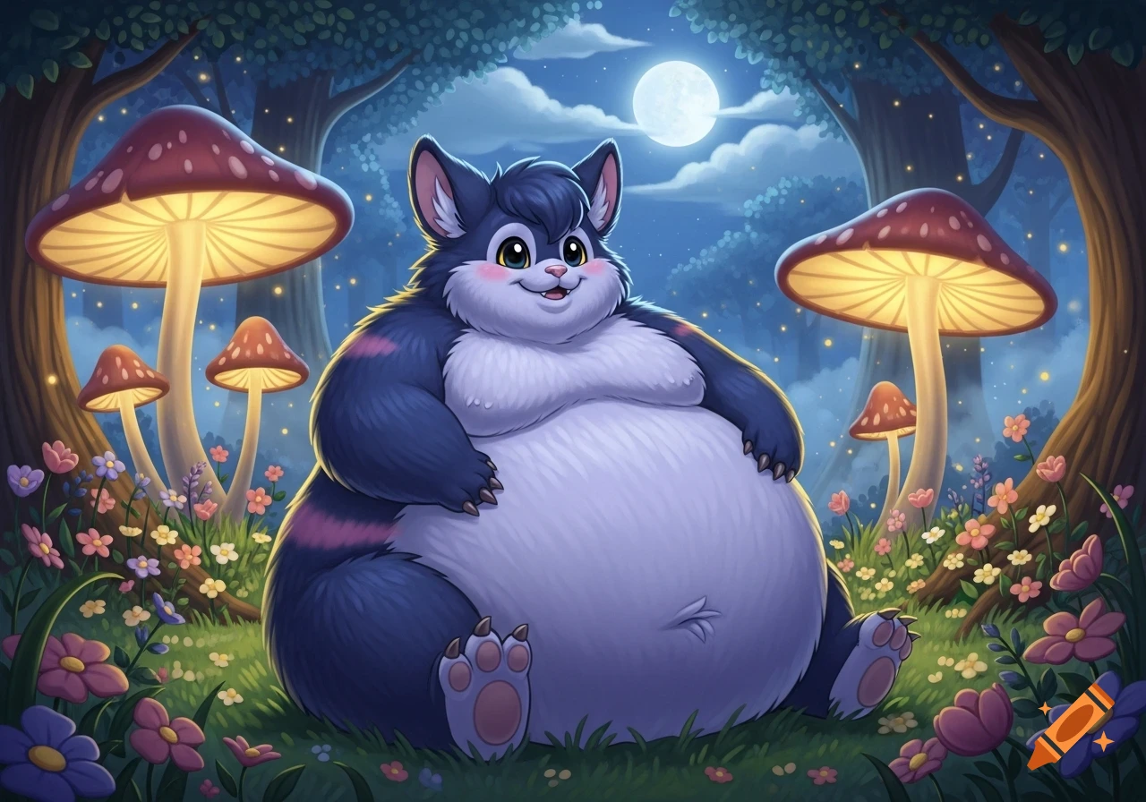 A happy, chubby blue and white furry creature sits in an enchanted forest at night with glowing mushrooms and a full moon, cartoon style.