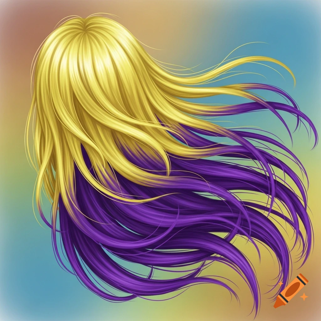 Stylized flowing hair, bright yellow at the top transitioning to vibrant purple at the bottom, against a soft gradient background.