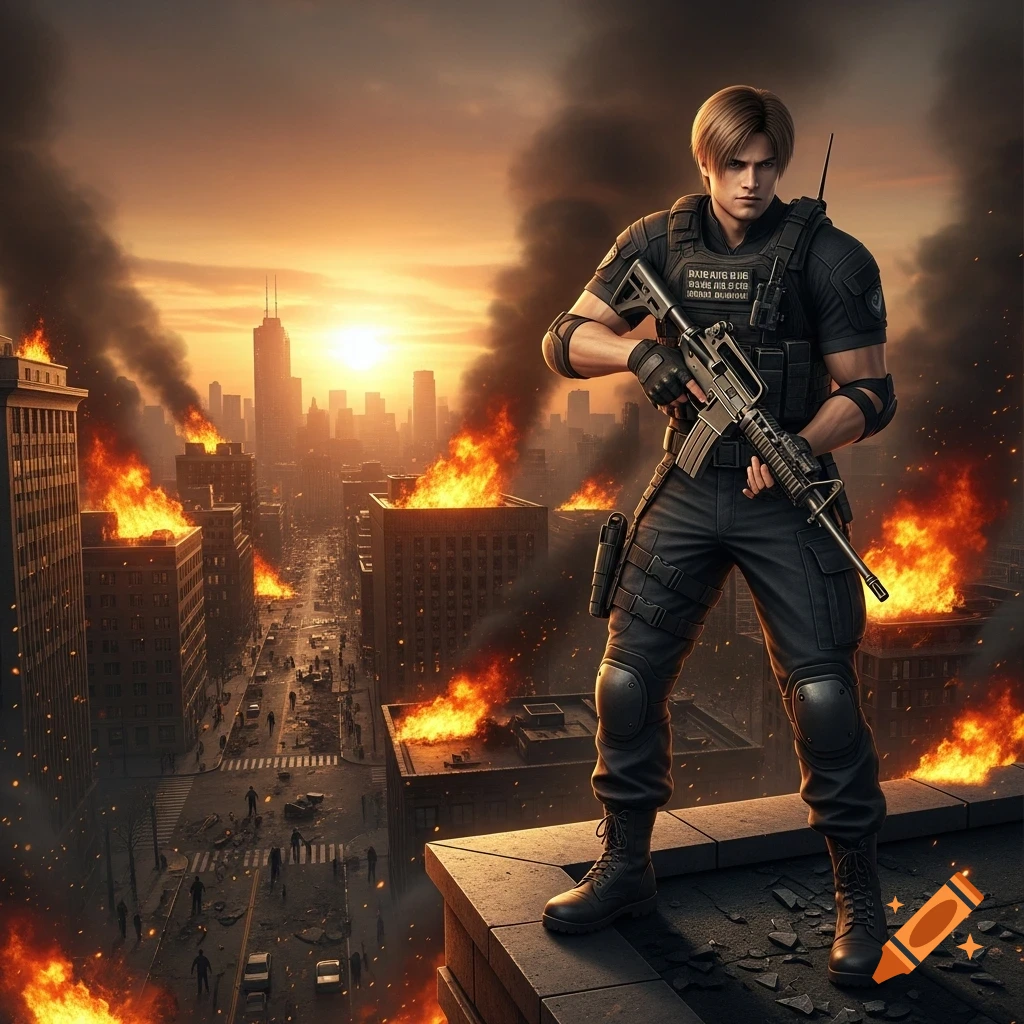 A man in black military gear stands on a rooftop overlooking a burning city at sunset, holding a rifle.