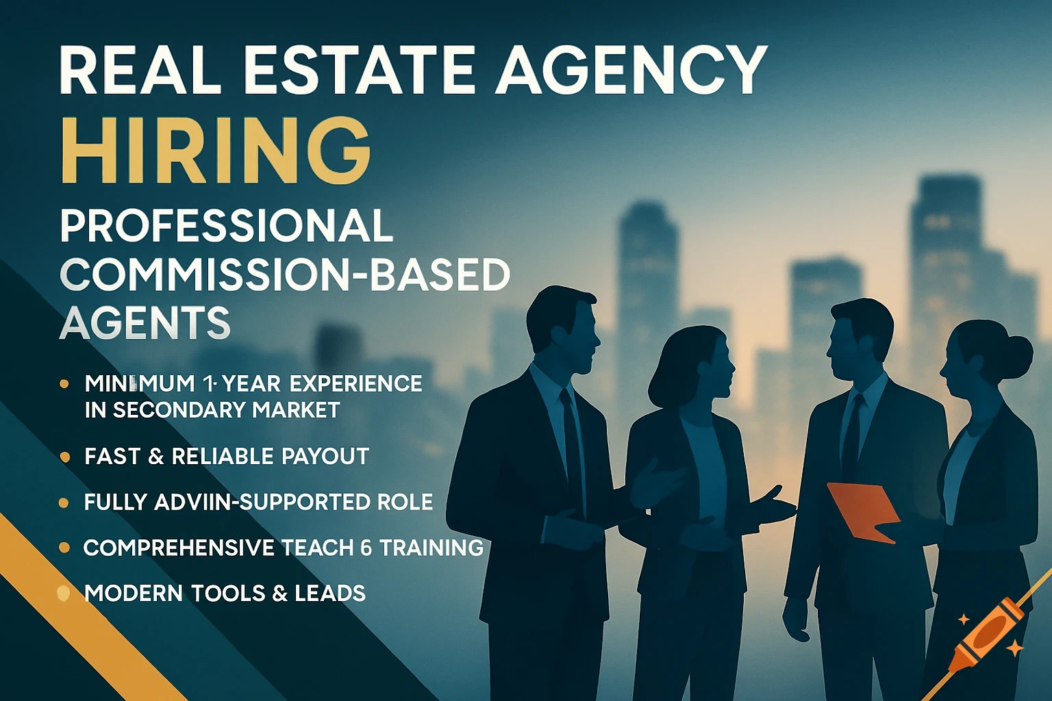 Professional real estate agency hiring ad with text, business silhouettes, and a city skyline in the background.