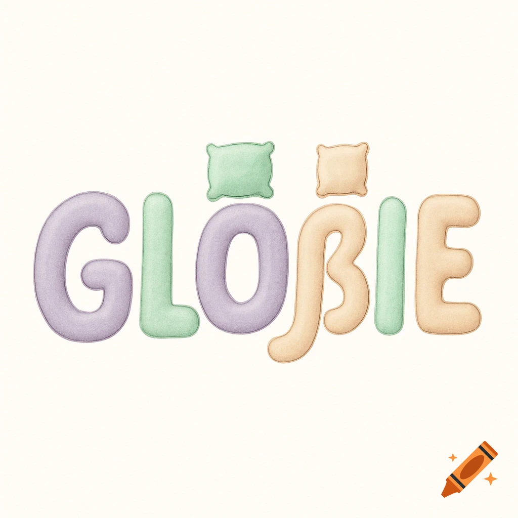 Pillow-style text spelling GLÖSSIE in pastel purple, green, and orange on a white background, with pillow shapes replacing dots and umlauts.
