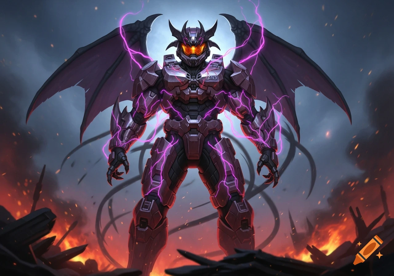 A demonic, winged Master Chief in purple armor with glowing eyes and lightning stands in a burning, ruined landscape.