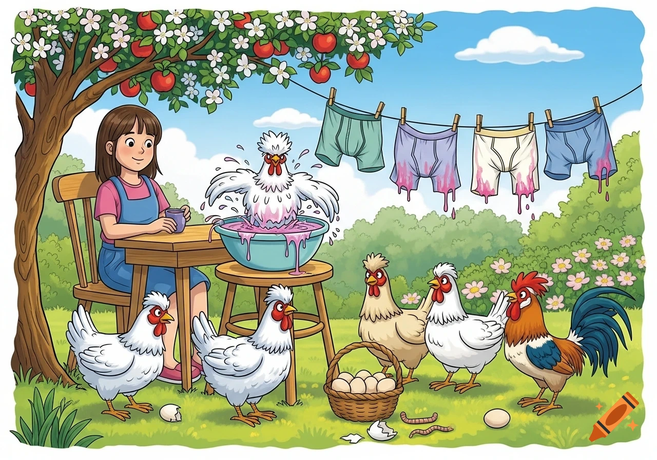 Cartoon of a girl under an apple tree, a chicken splashing in pink water, other chickens, and pink-stained underwear drying in a sunny garden.