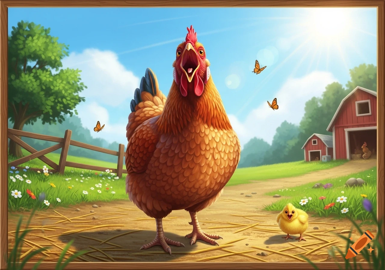A vibrant cartoon hen with its beak open stands in a sunny farm field next to a chick, with barns and a fence in the background.
