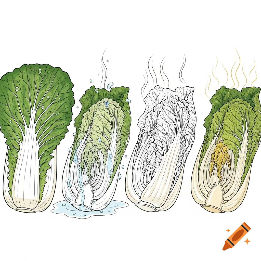 Four illustrations showing the process of napa cabbage: fresh, being washed, steaming, and spoiled.