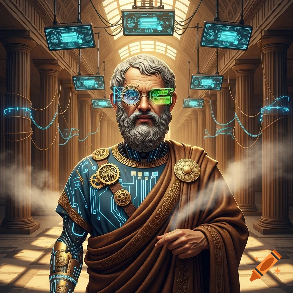 Bearded man in toga with cybernetic goggles and arm, circuitry on chest, stands in a classical hall with floating holographic screens.