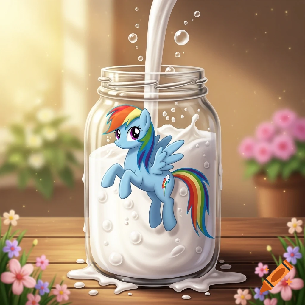 Rainbow Dash from My Little Pony smiles inside a glass jar filled with milk, bubbles rising, on a wooden table with flowers.
