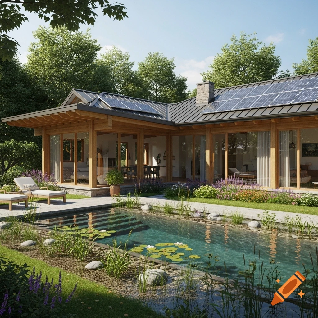 Photorealistic image of a modern wooden-framed house with solar panels, a lush garden, and a natural swimming pool with lily pads.