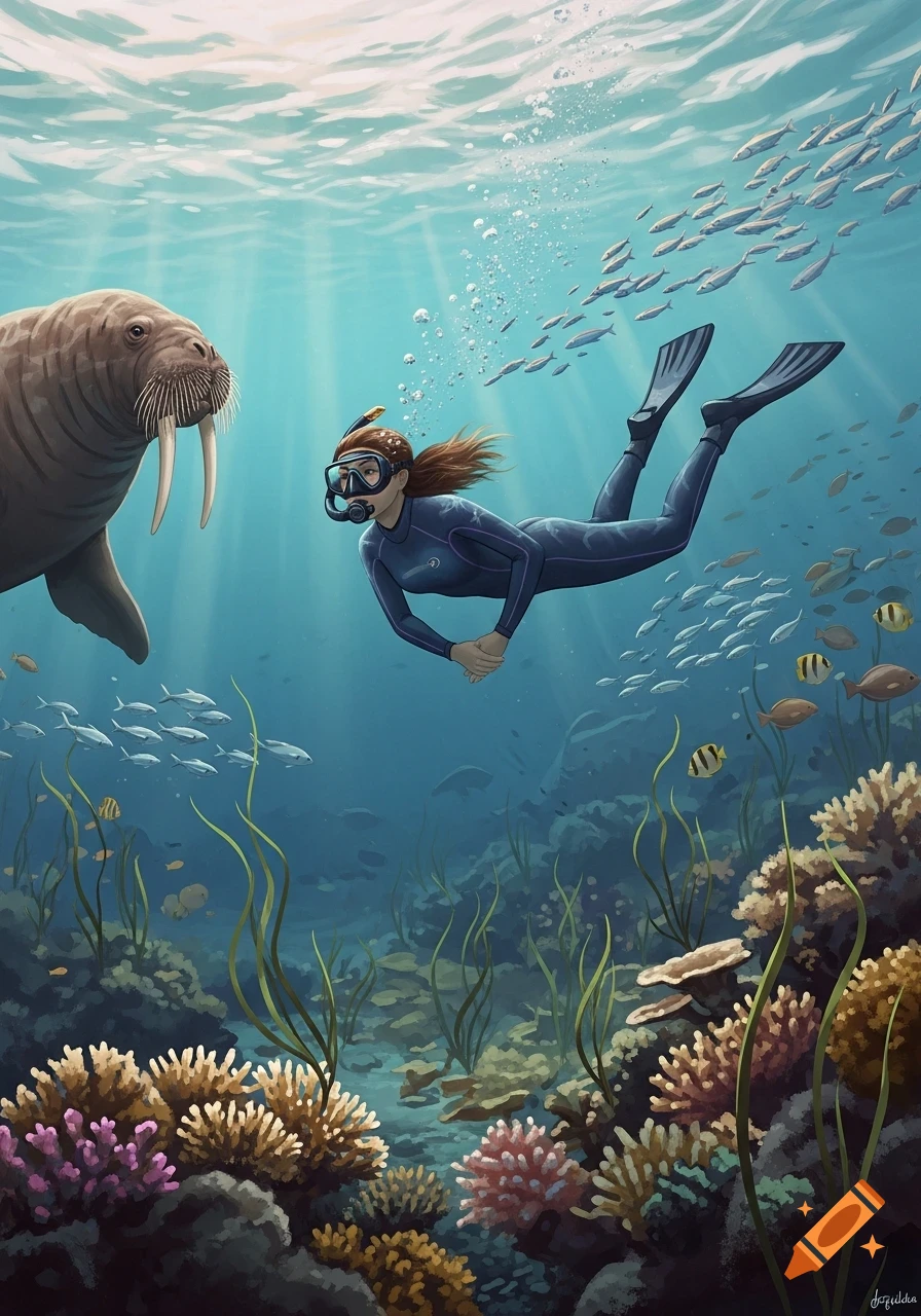 A diver in a wetsuit, snorkel, and fins swims underwater near a walrus, surrounded by schools of fish and a vibrant coral reef.