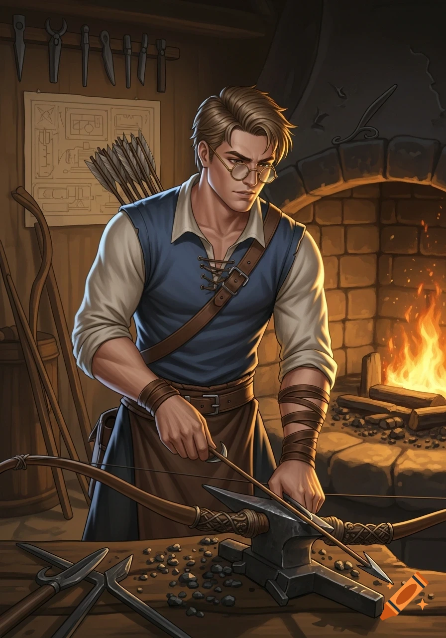 A blond-haired man with glasses in a medieval workshop, wearing a blue vest and apron, crafting a bow and arrow on an anvil.