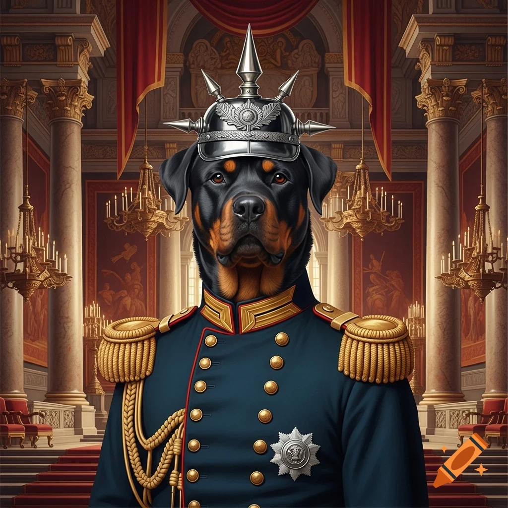 A majestic Rottweiler dog in a German general's uniform and spiked helmet stands in a grand throne room.