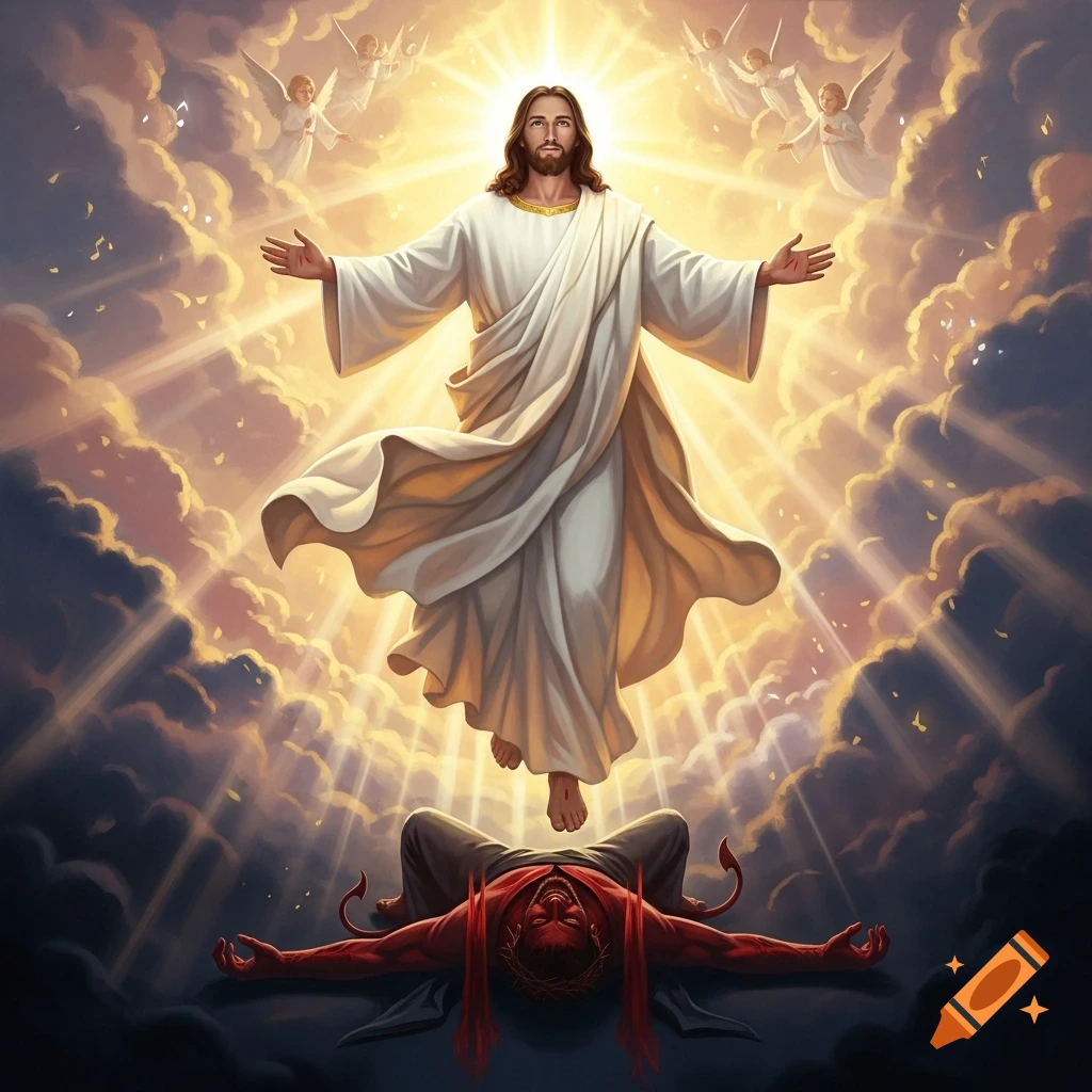 Illustrative depiction of Jesus ascending to heaven among angels, with a defeated red devil lying beneath his feet.