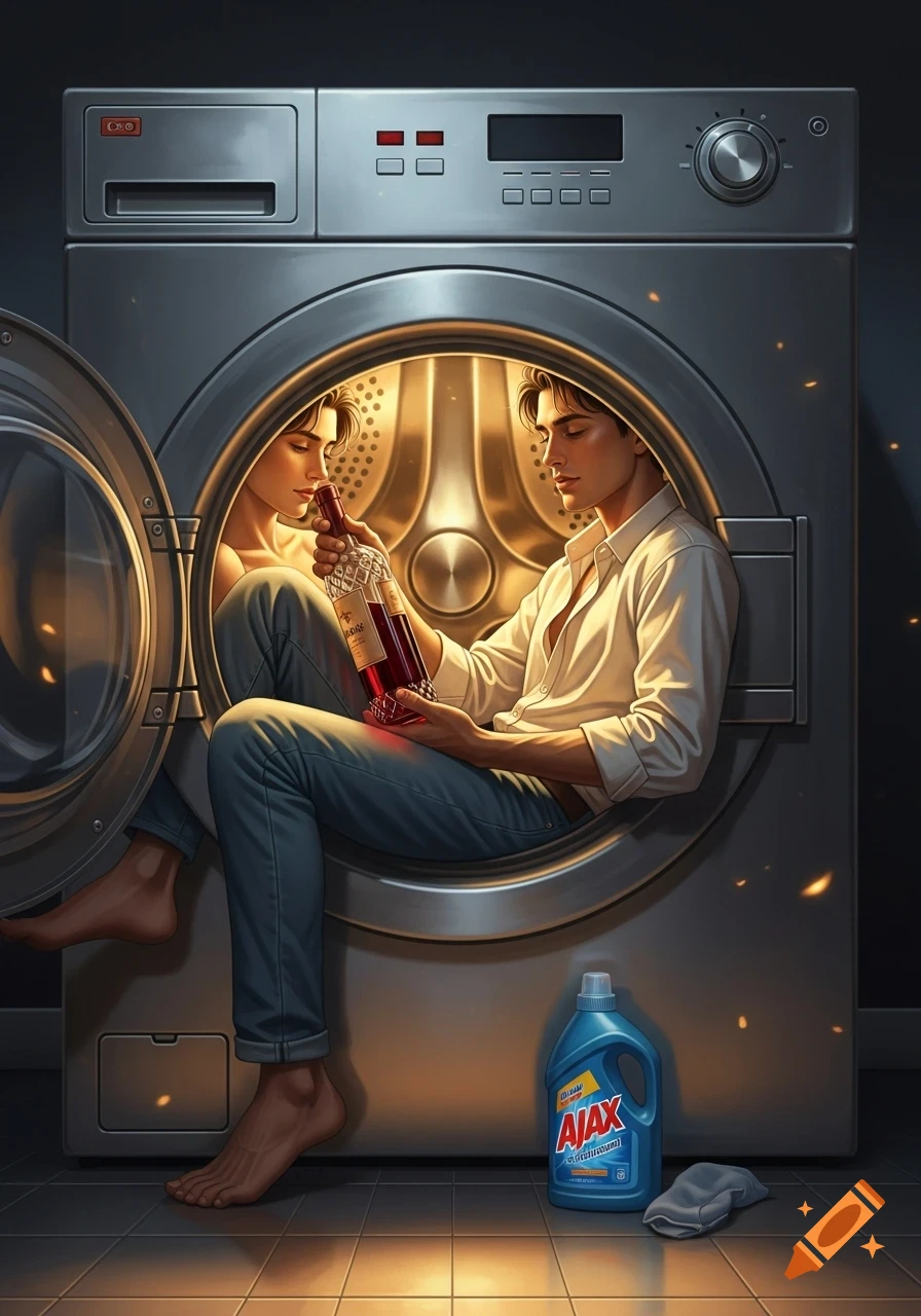 A stylized illustration of a man sitting inside an open washing machine, holding a bottle of red wine. A bottle of AJAX detergent sits on the floor.
