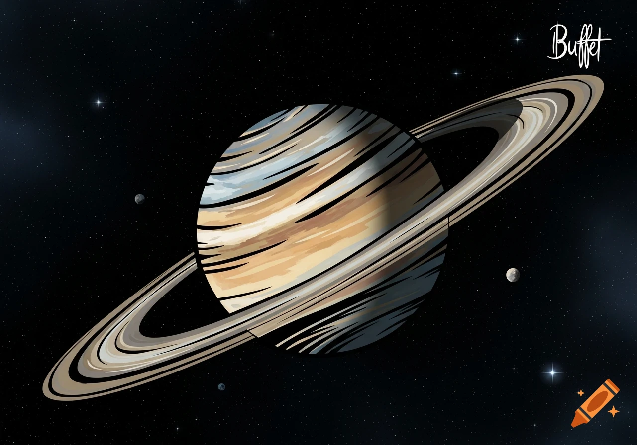 Stylized illustration of the planet Saturn with prominent rings and scattered moons against a starry dark blue space.